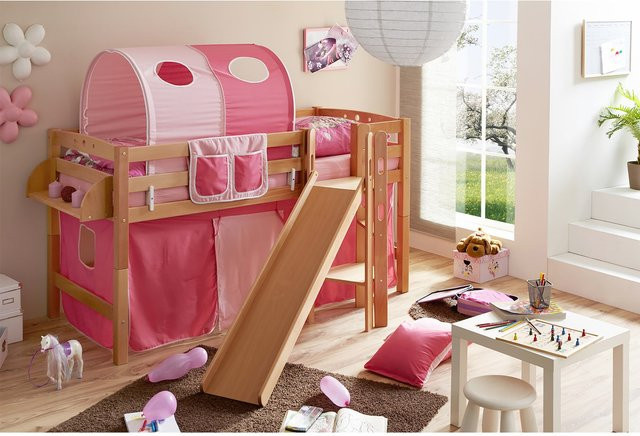 TiCAA Hochbett Tino mit Rutsche und Podest aus Buche Natur Classic, Farbe Braun - Bild 1