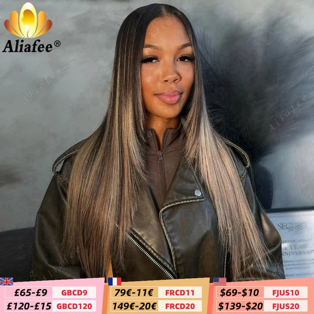 Aliafee Echthaar Lace Frontal Perücke, Blonde Highlights, Damen - Bild 1