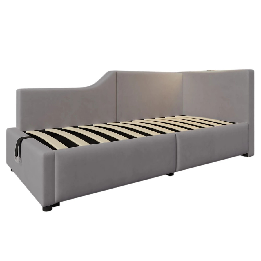 okwish Polsterbett für Kinder in Grau mit Stauraum, integriertem Leselicht und USB-Ladeanschluss, B/T/H: 90 x 200 x 105 cm - Bild 2