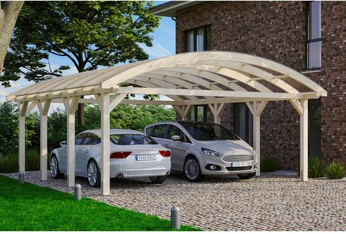 Skan Holz Carport Franken Bogendach aus Fichte Leimholz mit Doppelstegplatten, Farbe: beige, B/T: 635 x 308 cm, Höhe: 125 cm - Bild 3