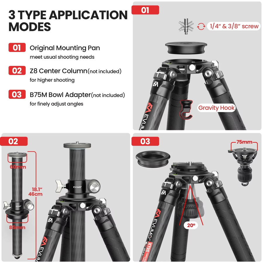 Evumo XT9S Profi-Jagdstativ aus Kohlefaser in Schwarz für Kamera und Vogelbeobachtung mit einer maximalen Traglast von 40 kg - Bild 4