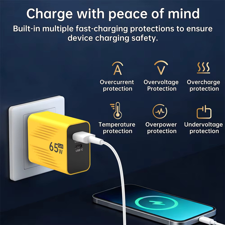 65W GaN USB-C-Ladegerät mit PD Quick Charge 3.0 in Gelb - Bild 2