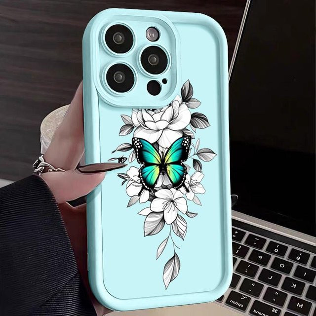Stoßfeste Silikonhülle mit Schmetterlingsblumenmuster für Apple iPhone 11 bis 16 Pro Max in Blau - Bild 1
