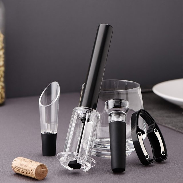 KKYFMM Wein Flaschenöffner Set aus Edelstahl und Kunststoff in Schwarz mit pneumatischem Korkenzieher und Luftpumpe - Bild 1