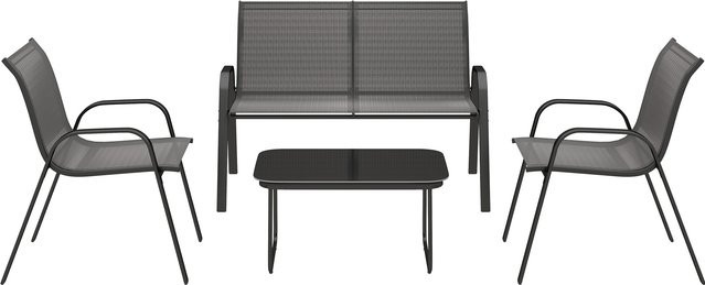 Outsunny 4-teiliges Gartenmöbel-Set in Schwarz mit 2-Sitzer-Sofa, 2 stapelbaren Stühlen und Glastisch aus Textilene und pulverbeschichtetem Stahl - Bild 1