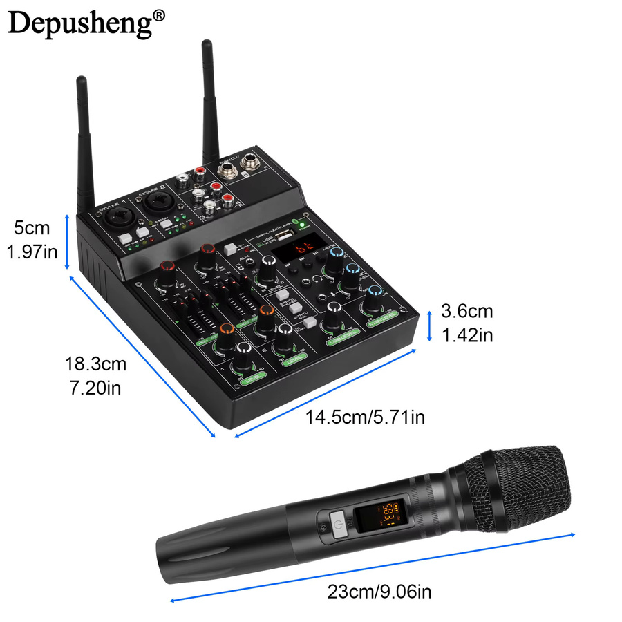 Depusheng Professioneller 4-Kanal Audio-Mixer in Schwarz mit zwei drahtlosen Mikrofonen, Bluetooth, USB-Schnittstelle und 48V Phantomspeisung für DJ-Mixing und PC-Aufnahmen - Bild 6