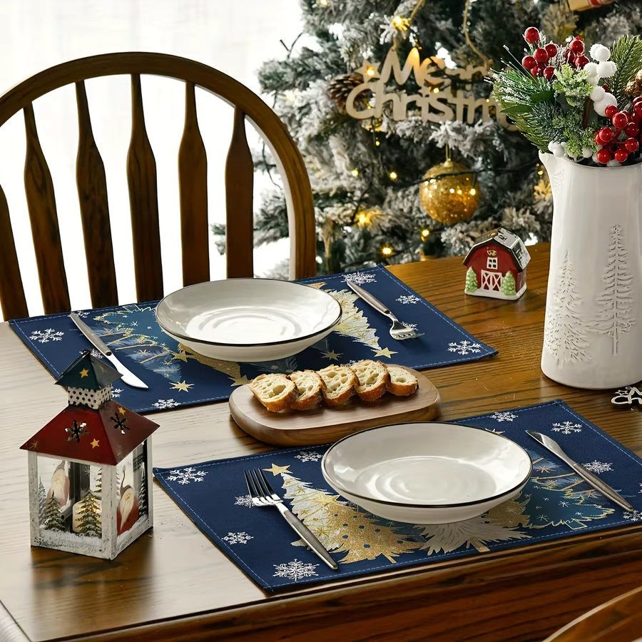 VIKAMA 4-teiliges Weihnachts-Tischset aus Leinen in Tiefblau und Gold für die Wintertischdekoration - Bild 3