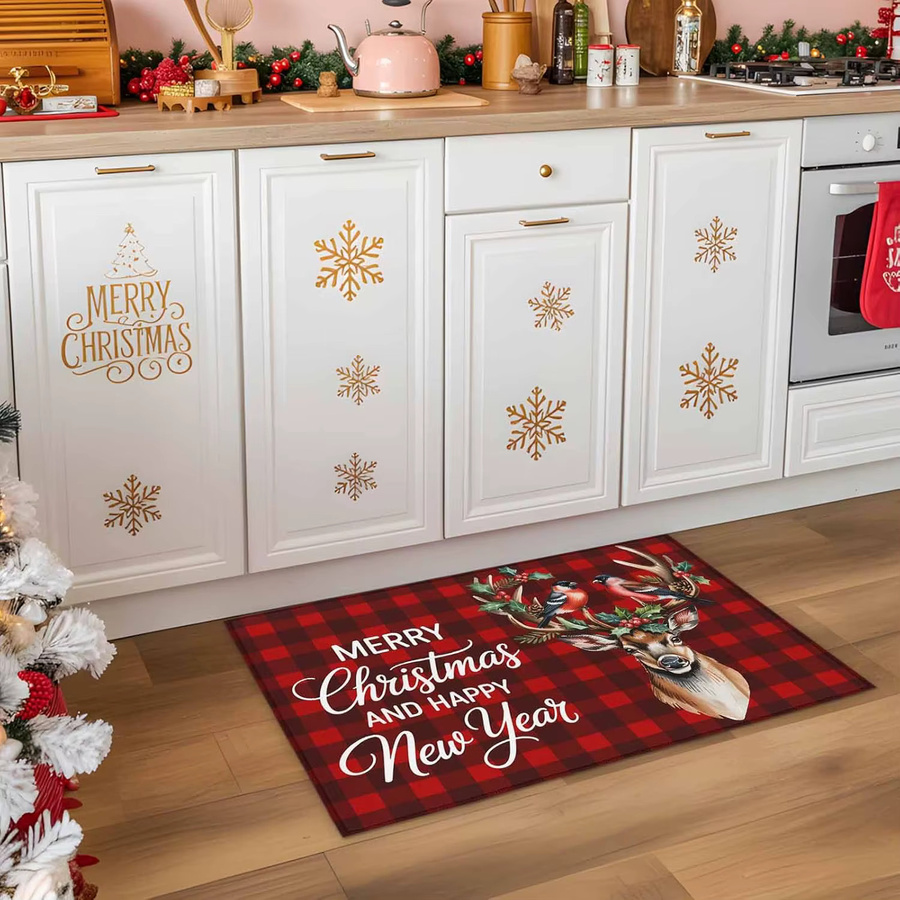 VIKAMA Weihnachts-Elch Willkommensmatte in Schwarz und Rot mit Karomuster für Wohnzimmer und Außeneingang - Bild 2