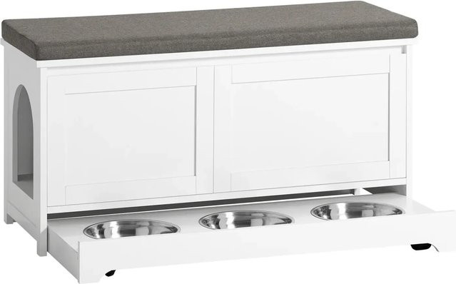 SoBuy Schuhbank mit integriertem Katzenhaus und Katzennäpfen in Weiß, B/T/H: 90 x 44 x 36 cm - Bild 1