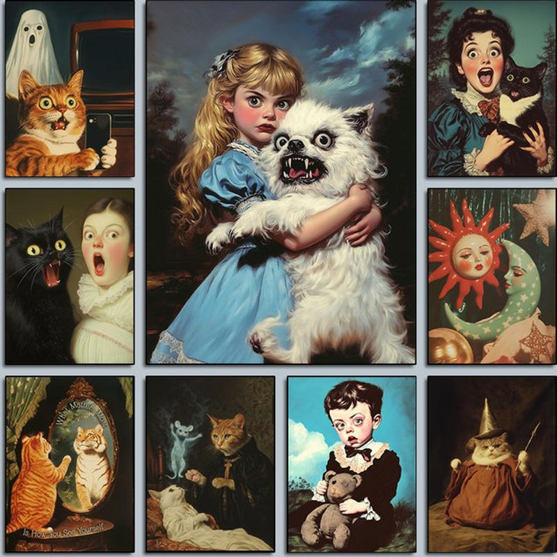 Surreales Tierporträt Leinwandbild Potdemiel mit gruseligem Mädchen und Hund in Mehrfarbig für deine Wanddekoration - Bild 1