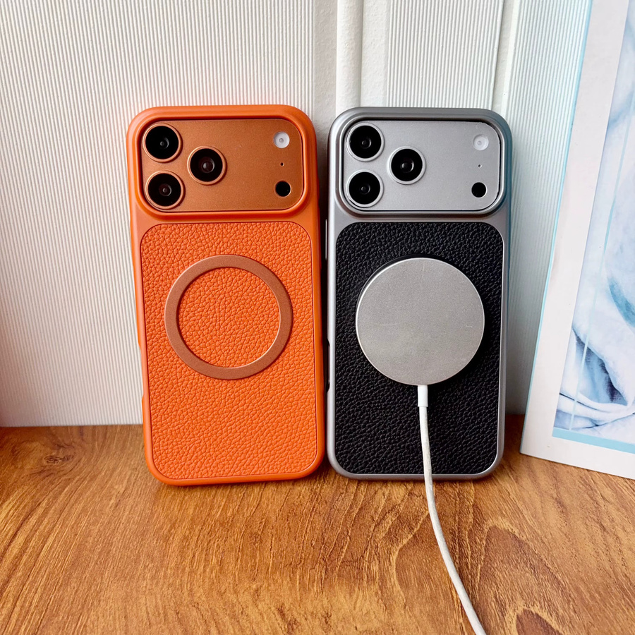 Stoßfeste MagSafe Handyhülle mit Lychee-Muster für iPhone 12 bis 17 Pro Max in Braun und Orange mit magnetischer kabelloser Ladefunktion - Bild 1