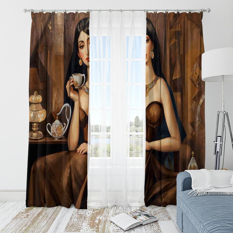 2er-Set Yiran Furniture Vorhänge mit Retro-Schönheits-Print aus Polyester, halbtransparent, Multicolour, Breite: 76 cm, Höhe: 165 cm - Bild 2
