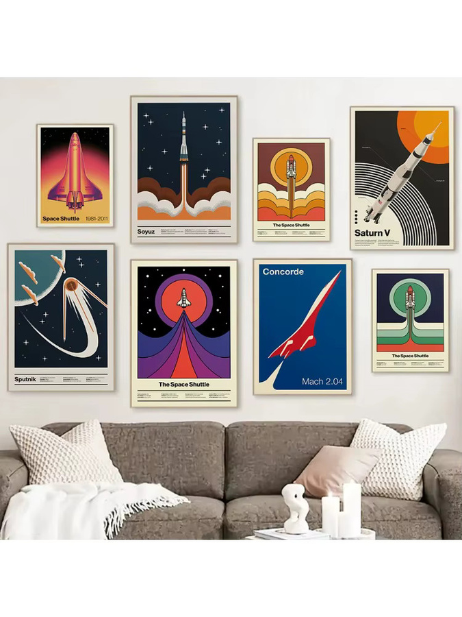 Potdemiel Retro Wandkunst Leinwanddruck mit abstraktem Space Shuttle Sputnik Motiv in Mehrfarbig - Bild 4