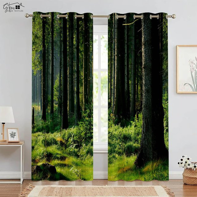 Yiran Furniture Vorhänge mit Natur Wald Landschaft Motiv in Grün, 2er-Set, B/H: 75 x 166 cm - Bild 1