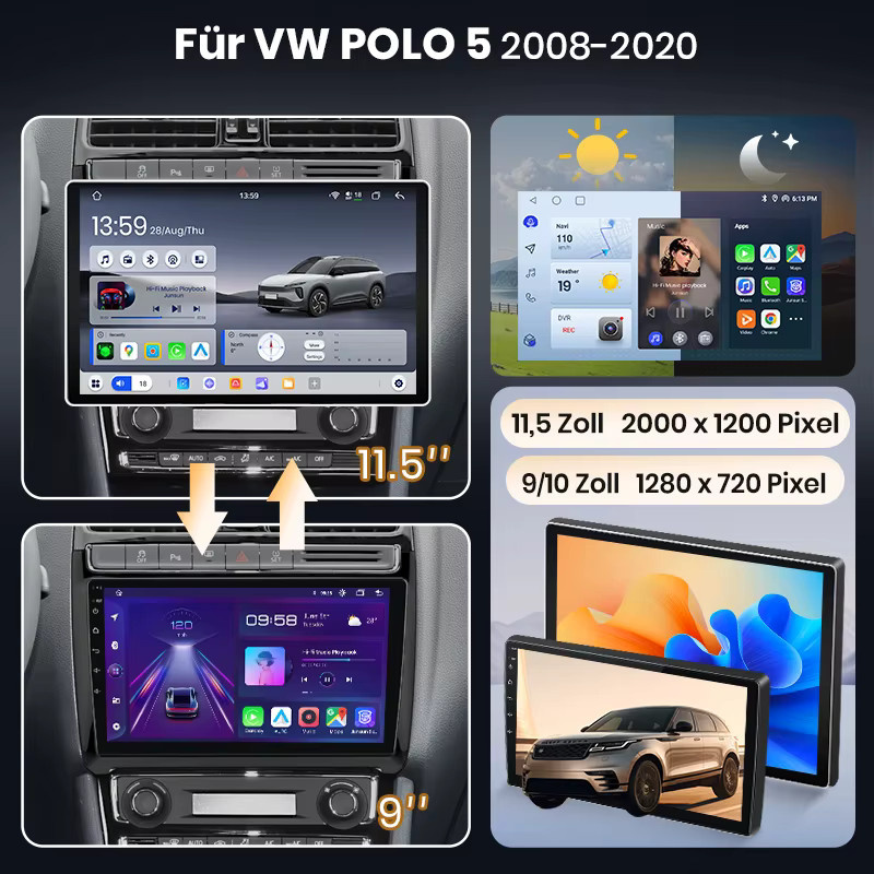 Junsun Android 15 Autoradio für VW Volkswagen POLO 5 (2008-2020) mit 9-Zoll IPS-Touchscreen, kabellosem Apple CarPlay und Multimedia-Videoplayer in Schwarz - Bild 2