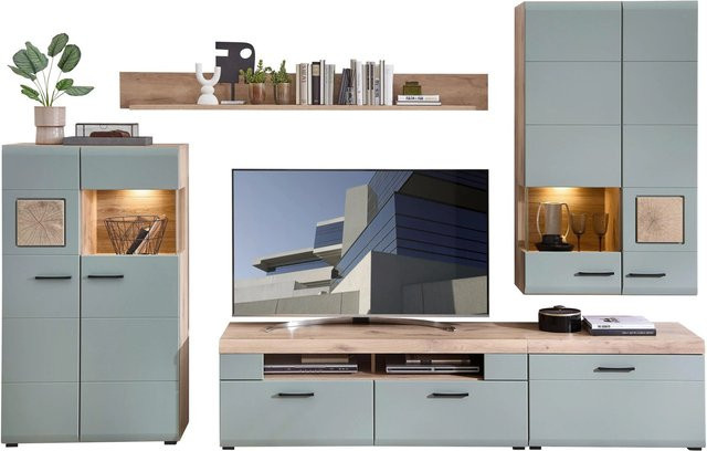 Mömax Wohnwand Fun Plus II in Grün und Eichefarben mit Lowboard, Vitrine und Wandregal im modernen Design - Bild 1