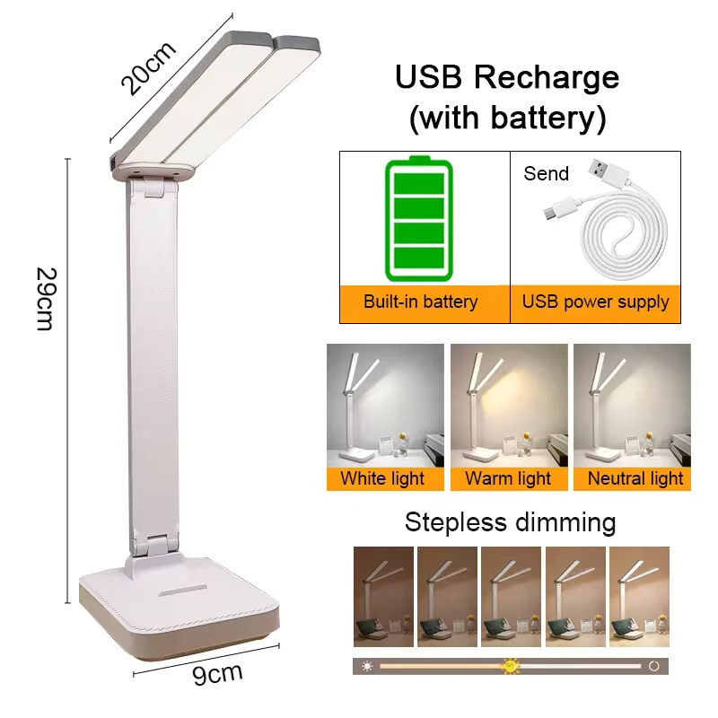 Weiße LED Schreibtischlampe mit 3 Dimmstufen, Touch-Steuerung und USB-Wiederaufladung, faltbare Tischlampe als Augenschutz-Nachtlicht für Schlafzimmer und Nachttisch - Bild 3