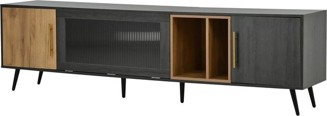 okwish TV Schrank modern mit Stauraum in Holzmaserung, Farbe Dunkelholz Grau, B/T/H: 200 x 40 x 55,5 cm - Bild 1