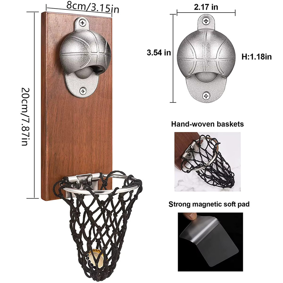 Willstar Magnetischer Basketball Flaschenöffner aus Holz zur Wandmontage mit Kappenfänger, Rund - Bild 2