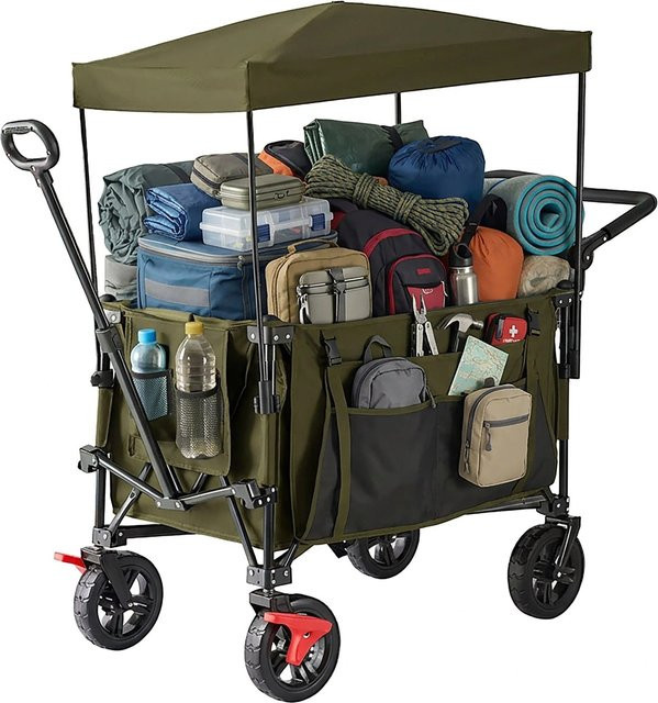Relaxdays Bollerwagen aus Polyester in Grün, faltbar mit Dach, B/T/H: 131 x 54 x 97 cm - Bild 1
