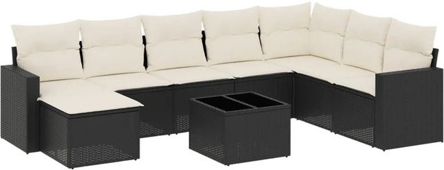 vidaXL 9-tlg. Garten-Sofagarnitur in L-Form aus Poly-Rattan mit Kissen und Tisch in Schwarz - Bild 1