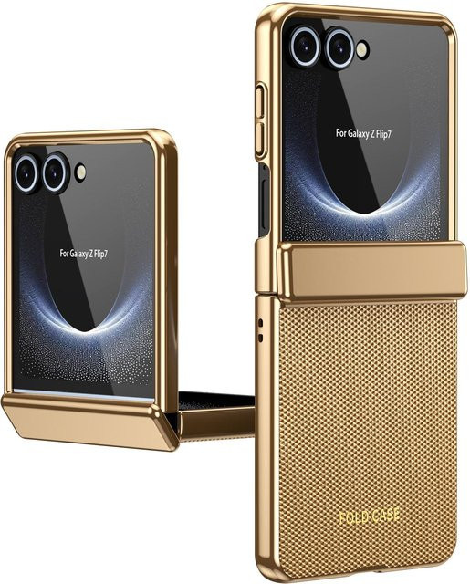 Samsung Galaxy Z Flip7 6 5 4 3 Handyhülle mit gehärteter Folie und galvanisiertem Rahmen im schlichten Lederdesign, Farbe: Black - Bild 1