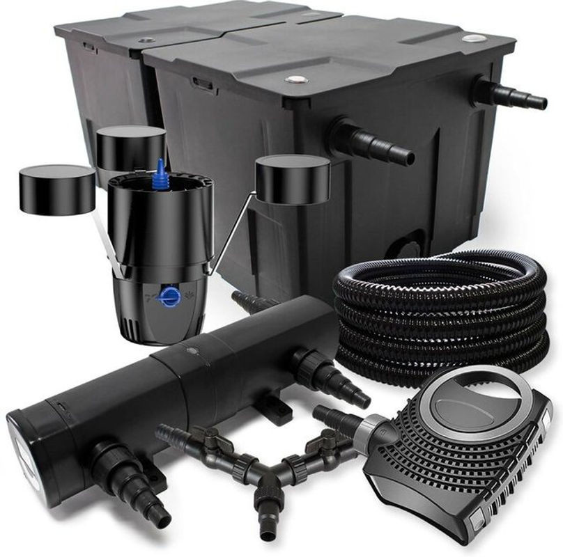 Wiltec Sunsun Teichfilter-Komplettset Schwarz aus Kunststoff mit Cbf-550 Filteranlage, Neo10000 Pumpe, Cuv-236 Teichklärer, Csp-250 Skimmer, 25m Teichschlauch und Y-Verteiler - Bild 1