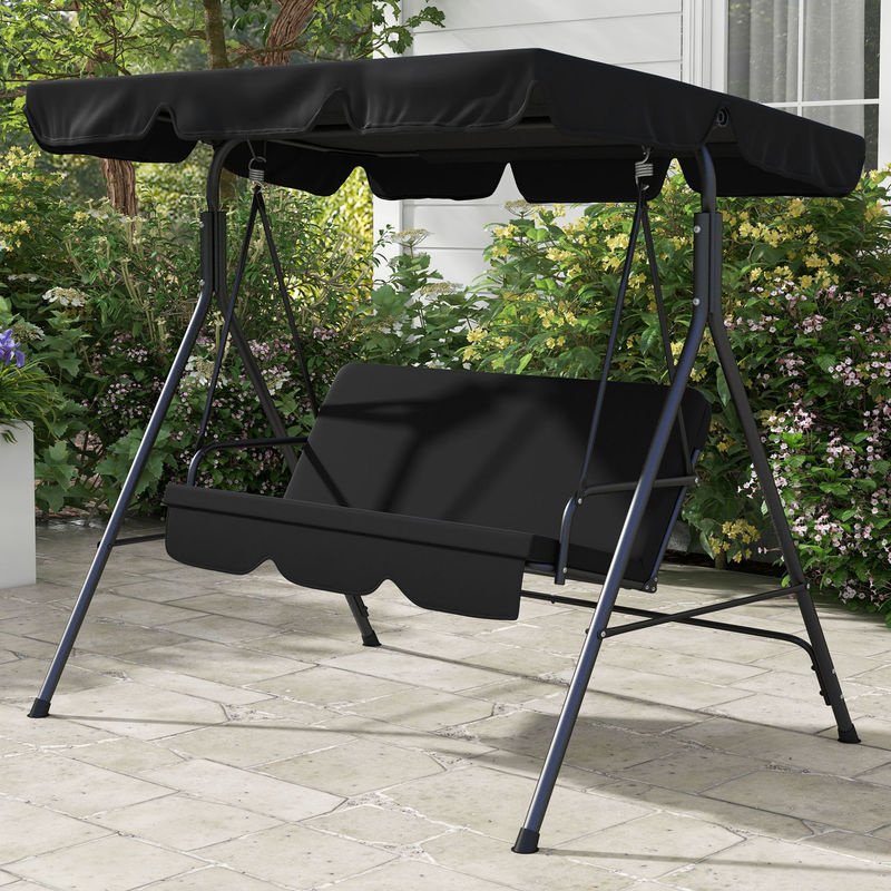 Outsunny Hollywoodschaukel 3-Sitzer mit verstellbarem Sonnendach in Schwarz, stabile Stahlkonstruktion für Garten und Terrasse, B/T/H: 172 x 110 x 153 cm - Bild 2