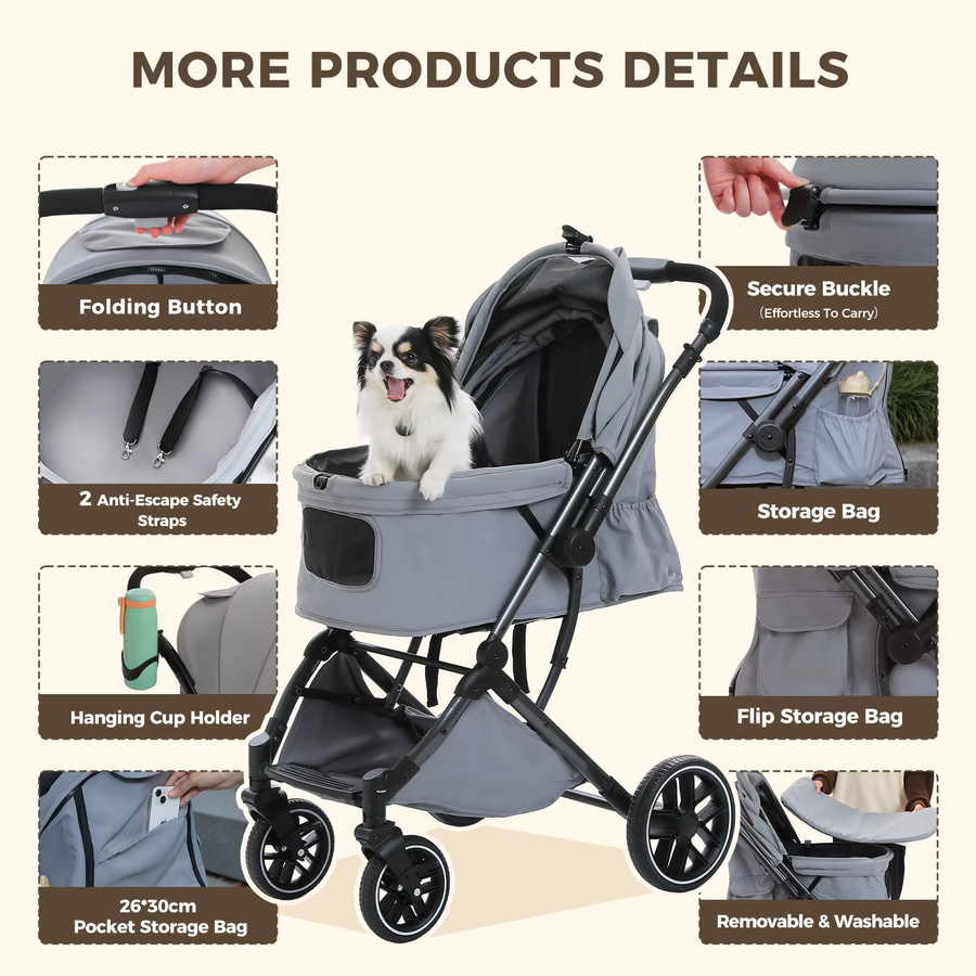 PAWZ Road Faltbarer Haustier-Kinderwagen für Hunde und Katzen in Grau mit Ein-Klick-Faltmechanismus, umkehrbarem Griff und Zubehör - Bild 7
