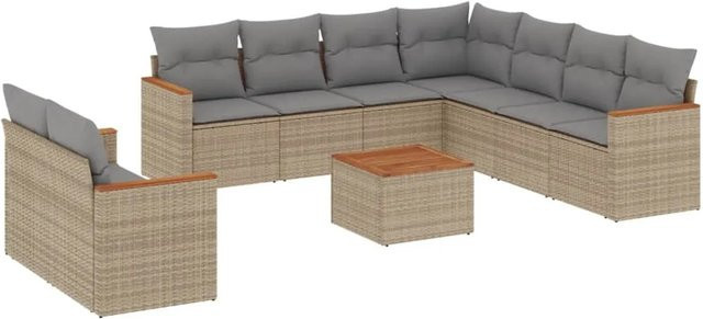 vidaXL 10-tlg. Garten-Sofagarnitur in L-Form aus Poly-Rattan und Akazienholz mit Kissen in Beige - Bild 1