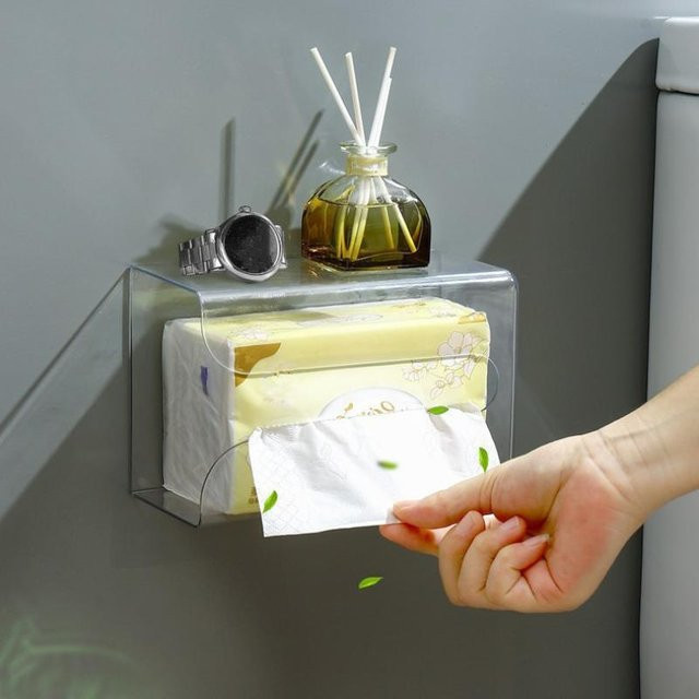 JETTING Wandmontierter Kunststoff-Taschentuchspender in Grau und Transparent, selbstklebend und bohrfrei, platzsparender Papierhandtuchhalter für das Badezimmer - Bild 1