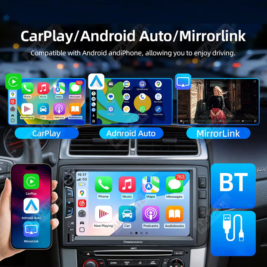 AKAMATE 7-Zoll Auto-Multimedia MP5-Player mit CarPlay, Android Auto, Bluetooth und USB-C in Schwarz - Bild 3