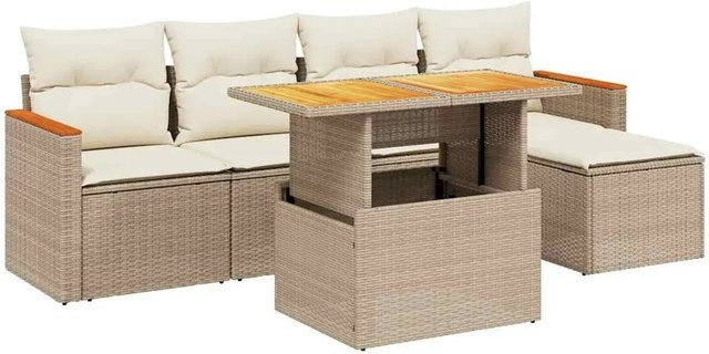 vidaXL 6-teilige Garten-Sofagarnitur aus Poly-Rattan und Akazienholz in Beige-Creme mit Kissen - Bild 1