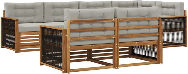 vidaXL Outdoor-Sofagarnitur aus Akazienholz in L-Form mit 7 Sitzkissen und Rückenkissen, Farbe: Natur und Hellgrau - Bild 1