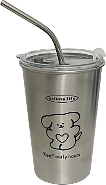 TOMTOP JMS Edelstahl Kaltbecher mit Deckel und Metallstrohhalmen, 500 ml, Grau/Silber - Bild 1