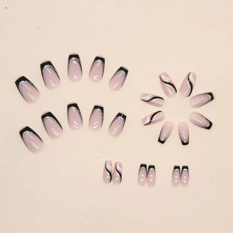 JIASHIXUAN Kunstnägel, schwarzer Glitzer, mittellang, 24 Stück - Bild 3