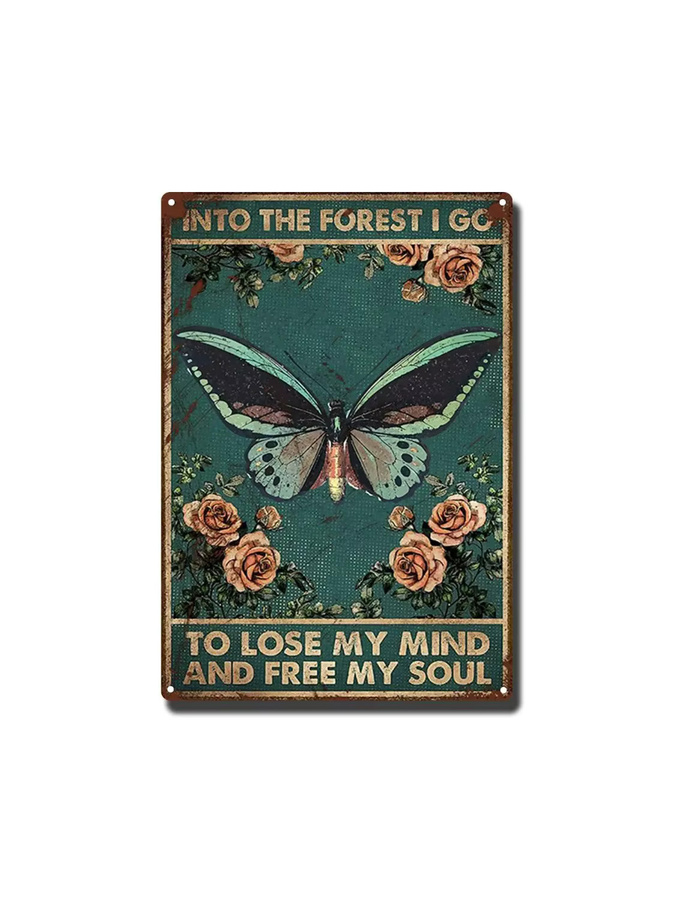Vintage Metallschild MINISO Wanddekoration mit Schmetterlings-Motiv und Spruch In The Forest I Go to Lose My Mind and Free My Soul, Rechteckig, Breite: 20 cm, Höhe: 20 cm - Bild 2
