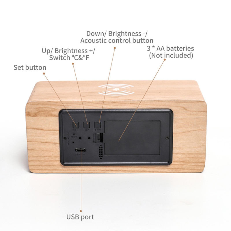 TOMTOP JMS Digitaler Wecker aus Holz mit LED-Anzeige, kabellosem Laden, Thermometer und Datumsanzeige, Braun, B/T/H: 16,8 x 7,2 x 7,2 cm - Bild 4