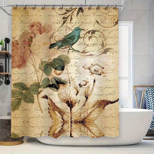 Wasserdichter Vintage Duschvorhang Grüner Vogel mit Blumendesign und Hakenringen, B: 150 cm, H: 180 cm - Bild 1