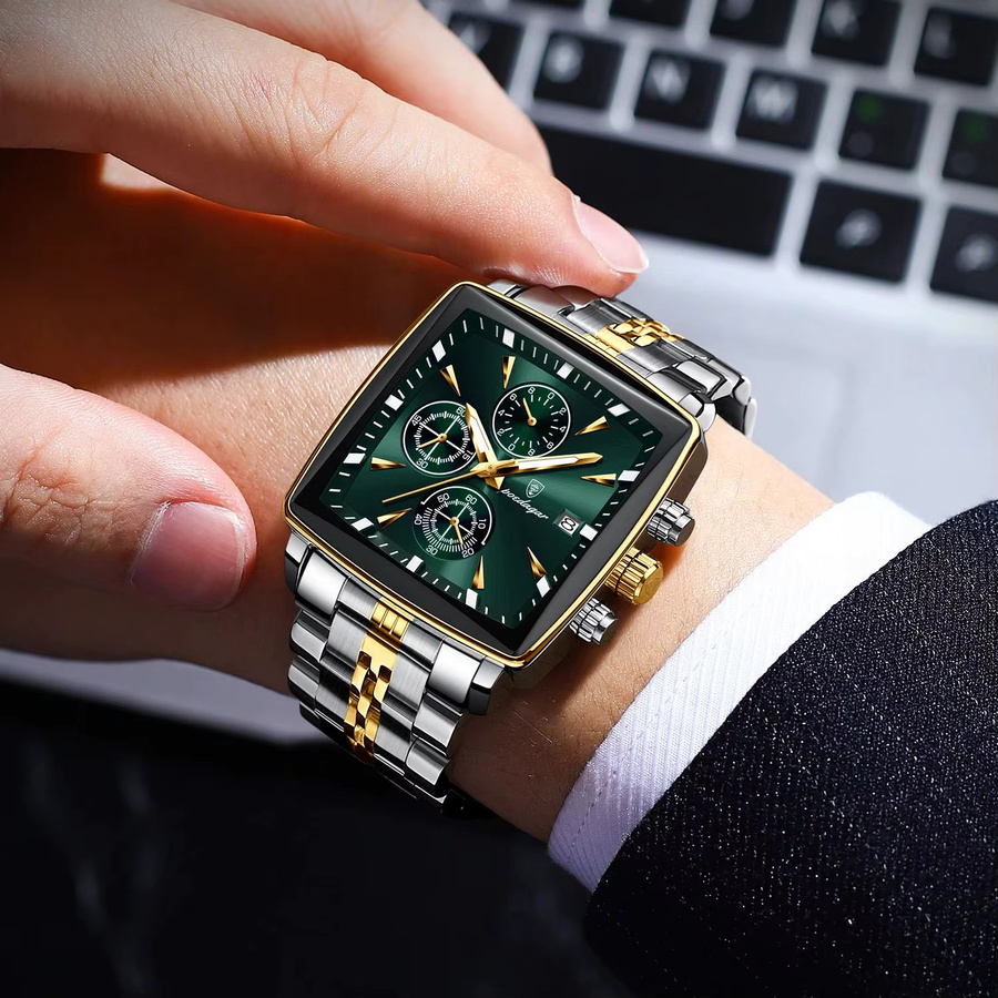 POEDAGAR Armbanduhr Chronograph, Quarz, Edelstahl, Silber, Grün, Herren - Bild 6