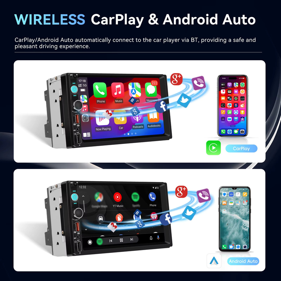 Podofo 7 Zoll 2-DIN Universal Android Autoradio MP5 Multimedia-Player mit kabellosem CarPlay, Android Auto, GPS, WLAN und Bluetooth in Schwarz - Bild 2