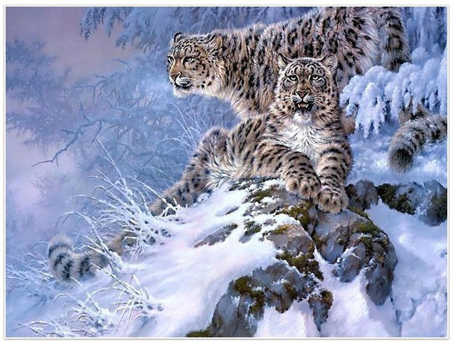 FIYO Diamantstickerei Leopardenmuster mit Schnee als Wanddeko, Farbe: Grau, B/H: 20 x 30 cm - Bild 1