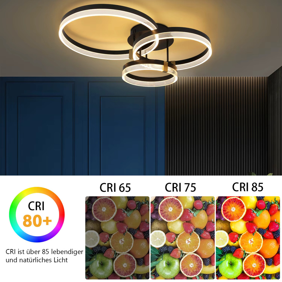 Oyajia LED-Deckenleuchte mit 3 Ringen, dimmbar, 42 W, 3-farbiges Licht mit Fernbedienung, Durchmesser: 70 cm - Bild 5