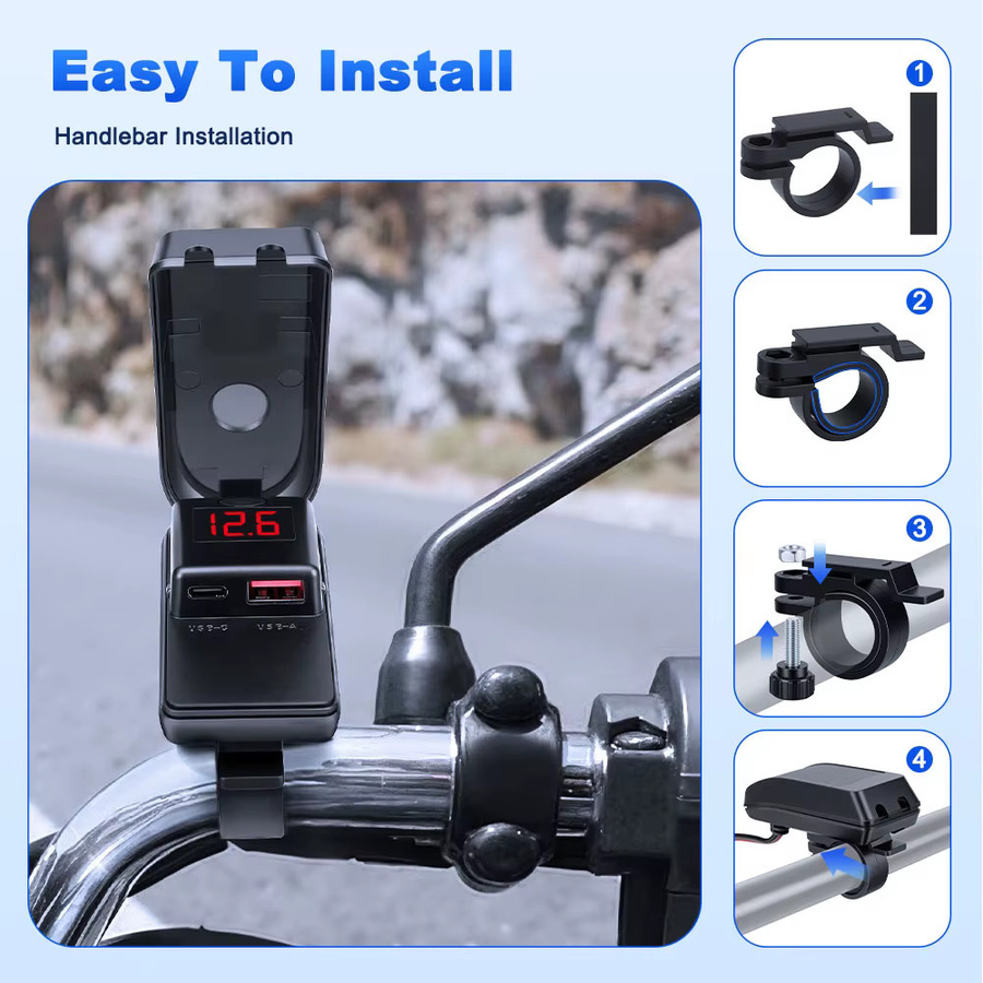 Elektrisches Motorrad-Handy-Ladegerät mit USB-A und USB-C, wasserdicht nach IPX5, 12 V, Schwarz - Bild 4