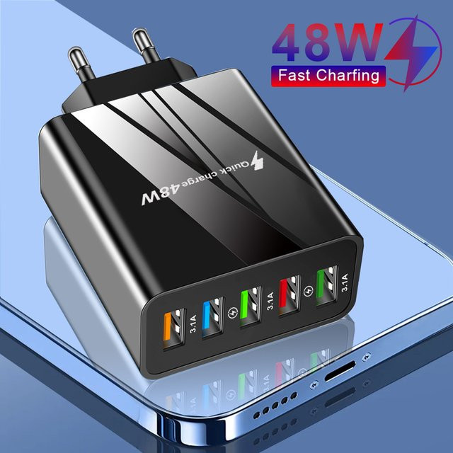 Wocoolsi 48 W USB Schnellladegerät mit QC 3.0 und 5 Ports, Wandladegerät Adapter in Schwarz für iPhone, Samsung und Xiaomi, EU und US Stecker - Bild 1