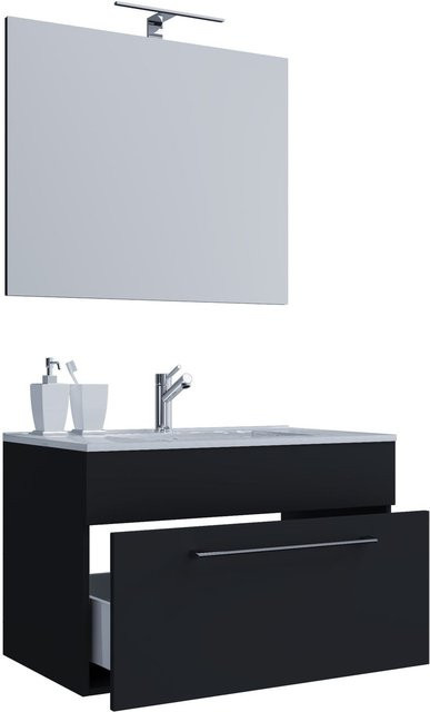 VCM Badmöbel Set Badinos 3-tlg. Waschplatz mit Waschtisch aus Keramik, Unterschrank mit einer Schublade und Spiegel in Schwarz Matt, Breite: 60 cm - Bild 1
