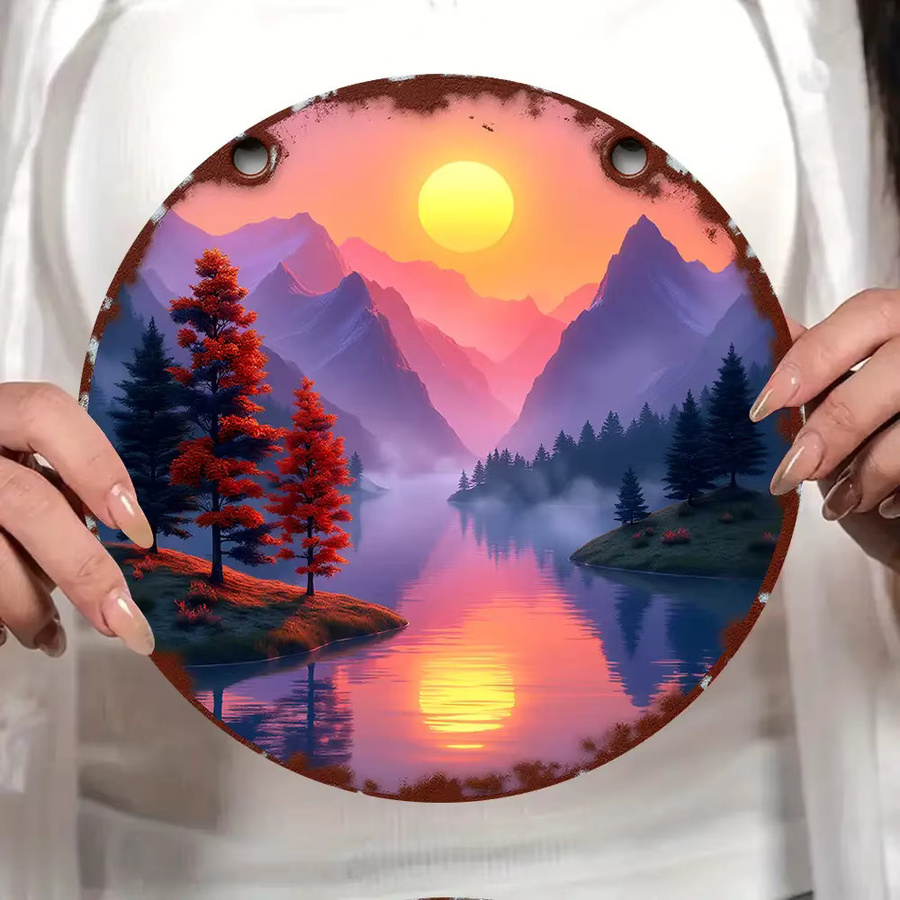 Runde Metall-Wandkunst von Potdemiel mit Mountain Sunset Motiv in Multicolour, Durchmesser: 20,32 cm - Bild 2