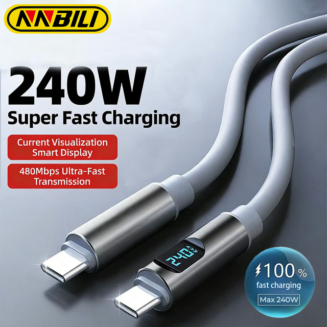 NNBILI USB-C auf USB-C Silikon Ladekabel 240W PD3.1 48V 5A Super Fast Charging Cable in Grau - Bild 1
