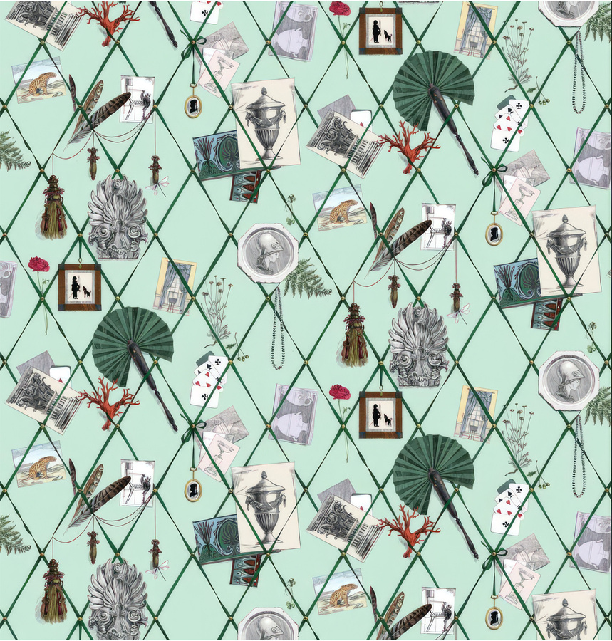 Edmond Petit Tapete Mur des Souvenirs in Grün mit Vintage-Kartenmotiv und geometrischem Design aus Vlies - Bild 1