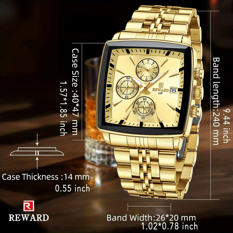 REWARD Armbanduhr, Quarz, Gold, Edelstahl, Rechteckig, Herren, Leuchtzeiger - Bild 6